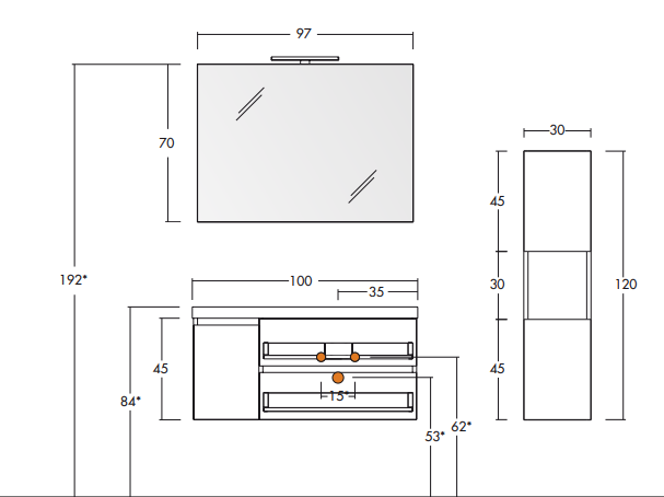Line 01 Specchio, Lavabo e Mobili Set Completo