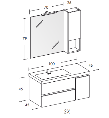 Line 02 Specchio, Lavabo e Mobili Set Completo