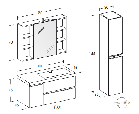 Line 03 Specchio, Lavabo e Mobili Set Completo