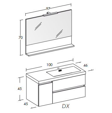 Line 05 Specchio, Lavabo e Mobili Set Completo