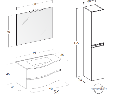 Flex 04 - Set Mobili Bagno con Lavabo e Specchio