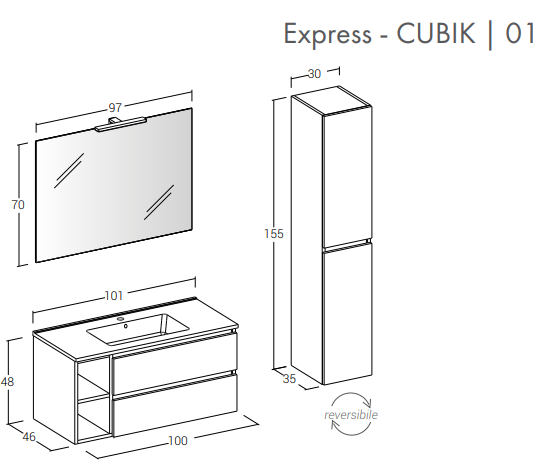 Cubik 01 Specchio, Lavabo e Mobile Set Completo