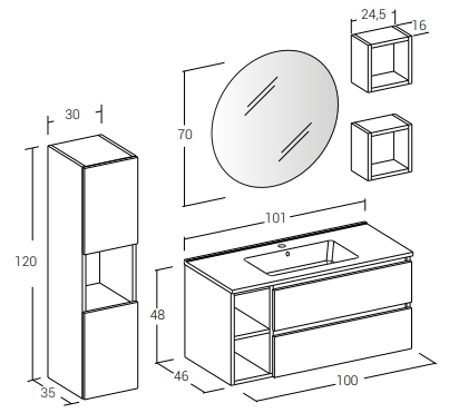 Cubik 02 Specchio, Lavabo e Mobili Set Completo